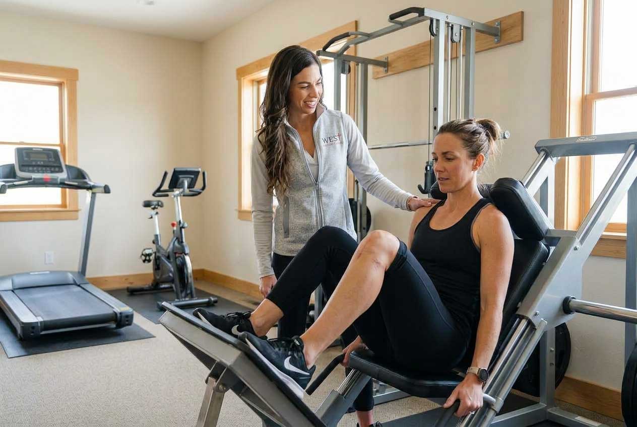 Patient doing leg-press strength work with Dr. Mackenzie spotting